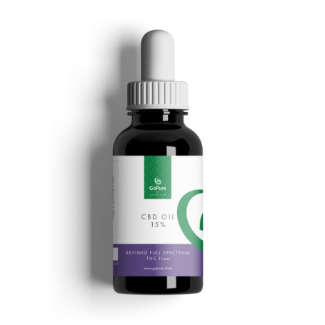 Image of a bottle with GoPure 5% refined full-spectrum CBD oil with 1500mg of CBD and 0% THC.
