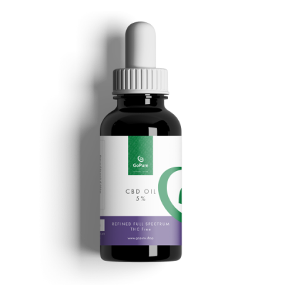 Image of a bottle with GoPure 5%  refined full-spectrum CBD oil with 500mg of CBD and 0% THC.