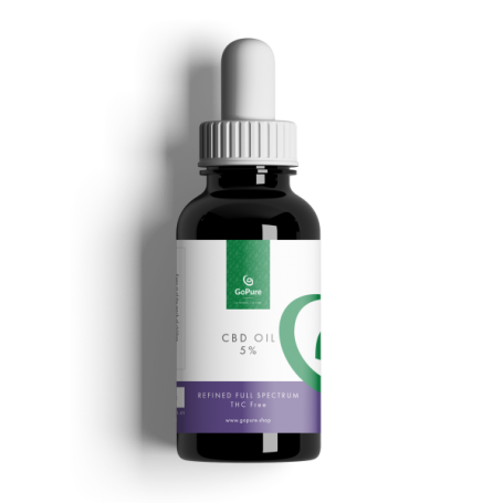 Image of a bottle with GoPure 5% refined full-spectrum CBD oil with 500mg of CBD and 0% THC.