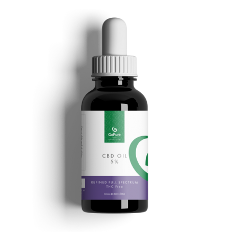Image of a bottle with GoPure 5% refined full-spectrum CBD oil with 500mg of CBD and 0% THC.