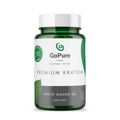 Capsules blanches de Maeng da Kratom en 50 capsules dans un pot vert et transparent avec un bouchon de sécurité.