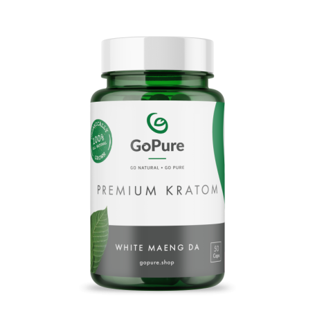 White Maeng da Kratom capsules in a 50 count capsules in a green and transparent jar with a safety cap.