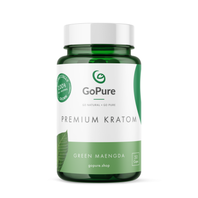 Capsules GoPure Green Maeng Da de qualité supérieure contenant chacune 600 mg de kratom.