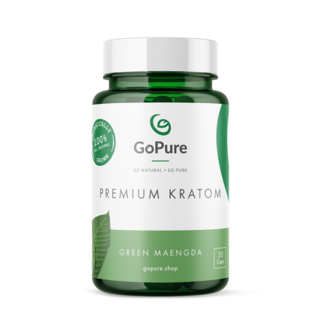 Capsules GoPure Green Maeng Da de qualité supérieure contenant chacune 600 mg de kratom.