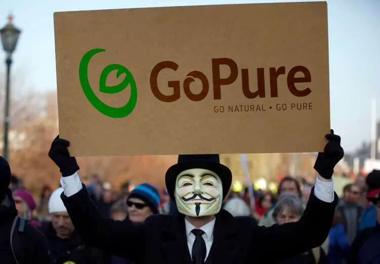 Man in Guy Fawkes mask holding a sign with GoPure logo