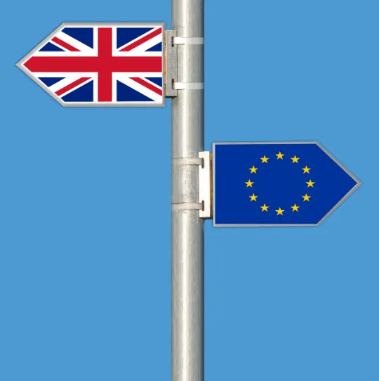 UK and EU flag road signs pointing in opposite directions