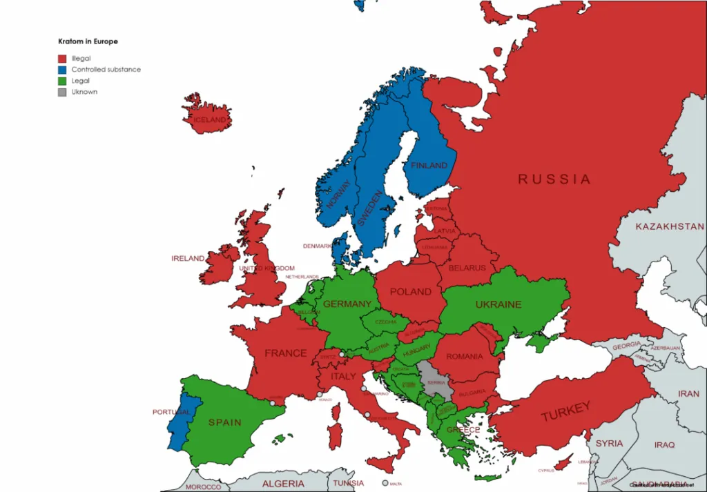 Map of kratom legal status across Europe: illegal, controlled substance, legal, or unknown by country